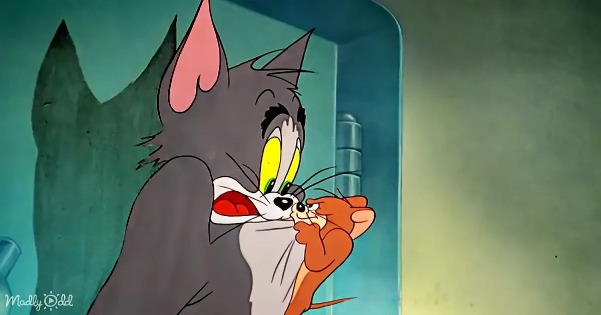Tom, the gray cat, is holding a piece of food with a mischievous expression, looking through a door.