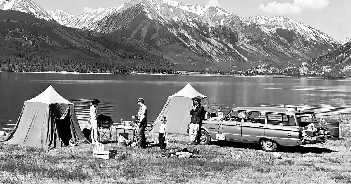 A vintage car and family camping by a lake with mountains in the background.