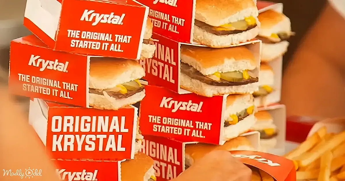 Stacked Krystal burger boxes with visible sandwiches and fries in the background.