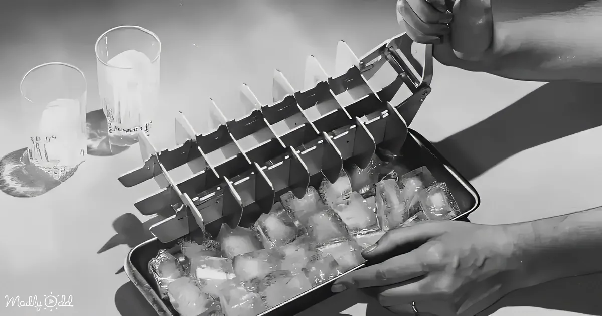 A person holds a tray with ice cubes, while two glasses with ice are visible in the background.