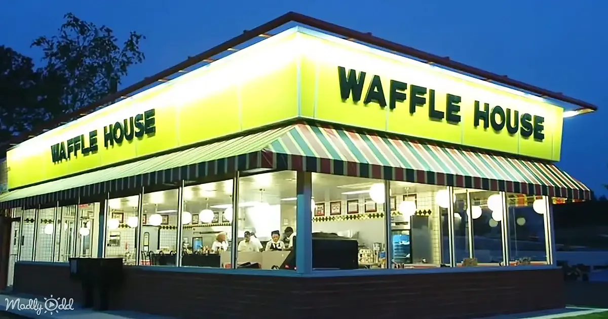 A Waffle House sign advertises "Fast Good Food" with a "Have Dinner with Us Tonight" message.