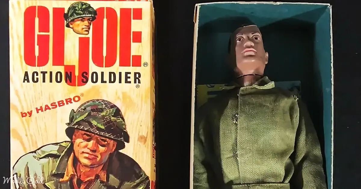 A GI Joe action soldier toy in its original box, featuring a soldier in camouflage attire.