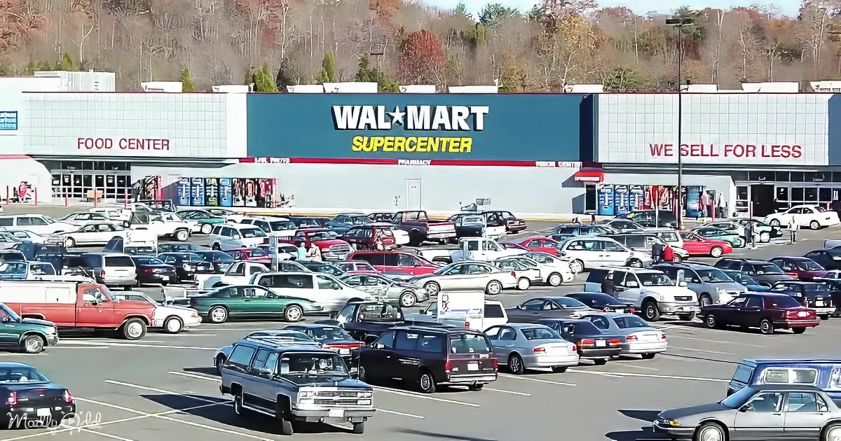 A busy Walmart Supercenter parking lot filled with cars on a sunny day.