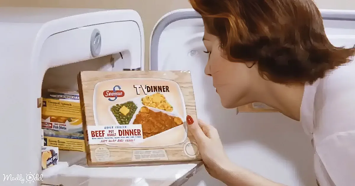 Woman examines a vintage TV Dinner box labeled "Beef Pot Roast" with a meal image on it.