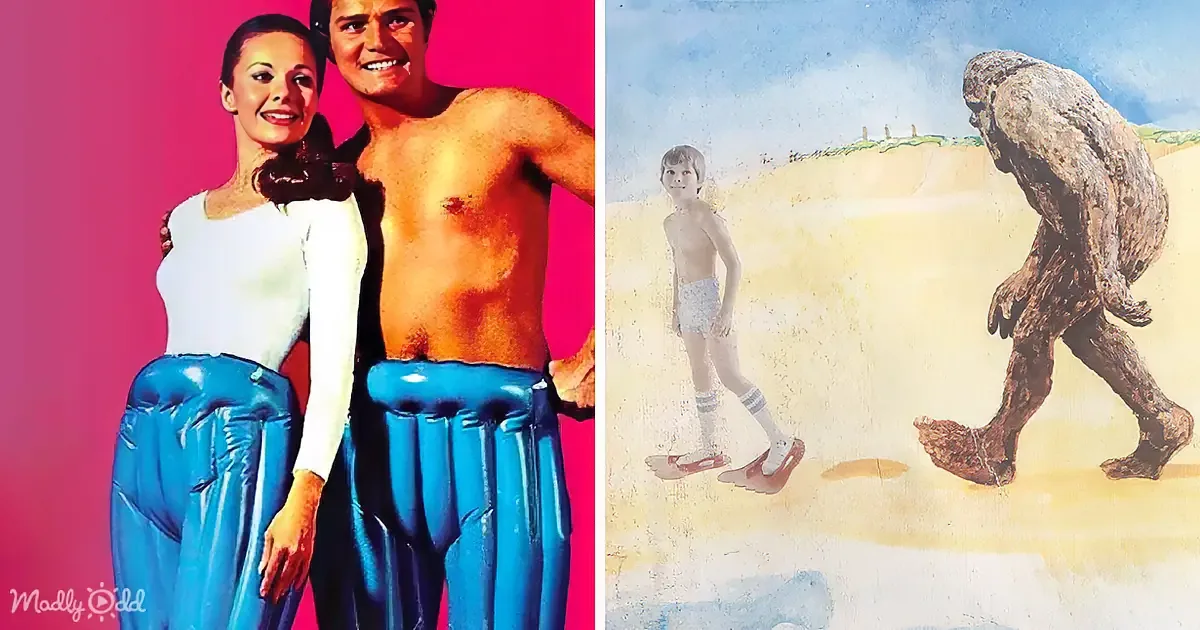A man and woman in inflatable blue pants pose together, while a child and a large, humanoid creature walk on a sandy beach.