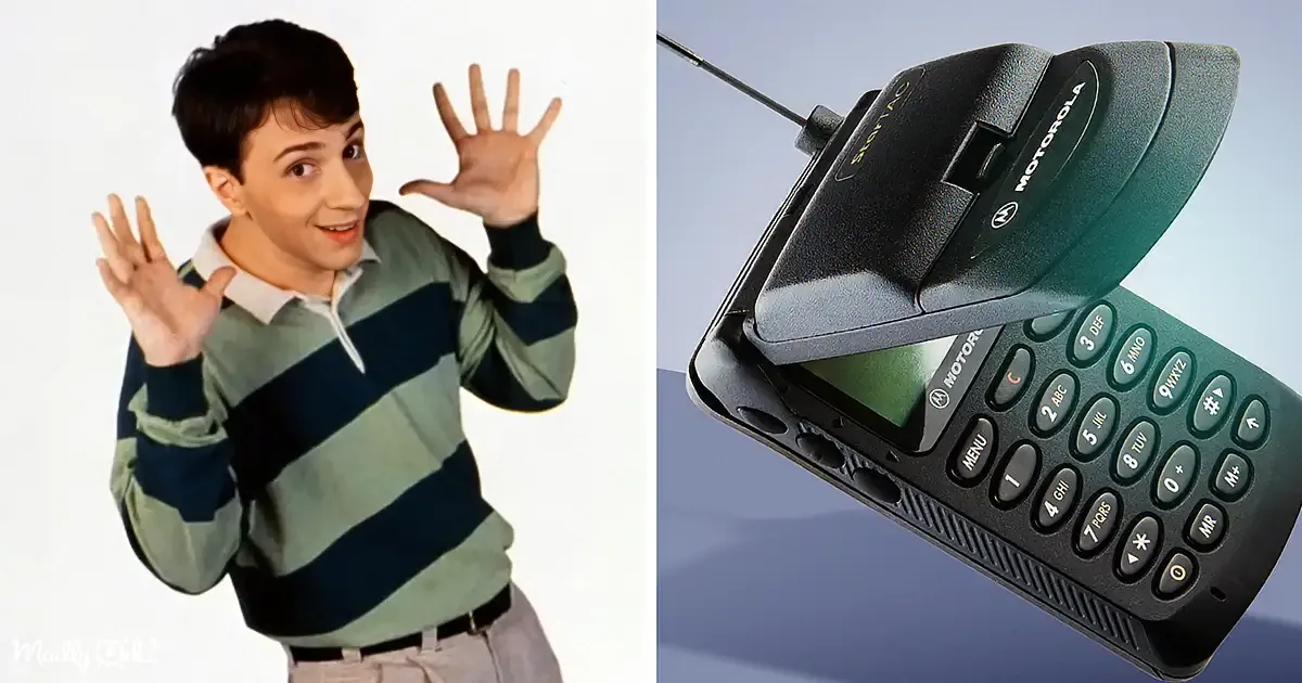 A person in a striped shirt waves, while a Motorola StarTAC phone is shown in a close-up.