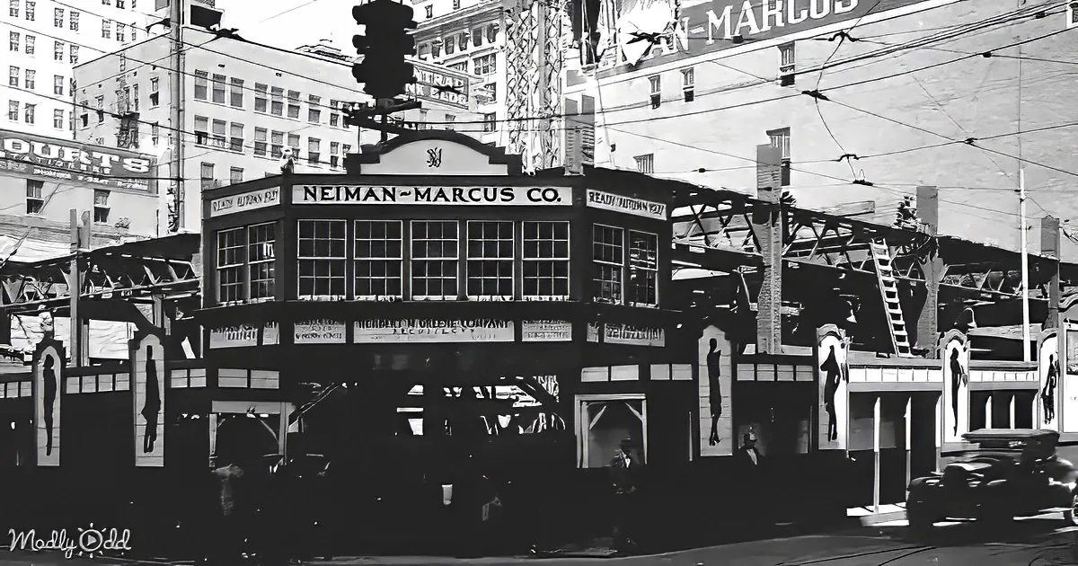 A black-and-white image shows the construction of a Neiman Marcus Co. store with scaffolding and workers, set against a...
