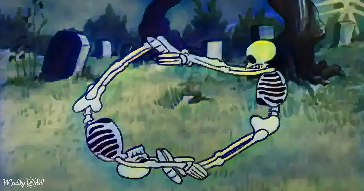 Four cartoon skeletons walking in a line, possibly dancing, with a textured background.