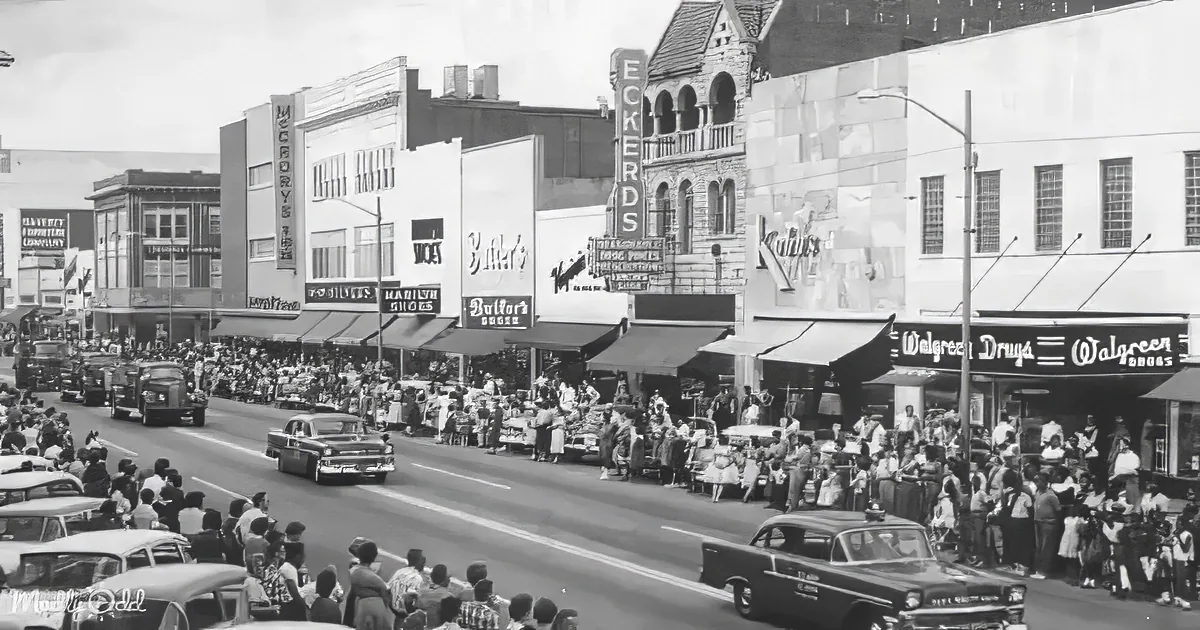 A bustling street scene with vintage cars, a crowd, and old storefronts, including a Walgreens and Butler's.