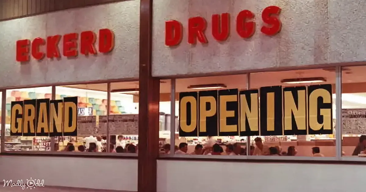 A store with "Eckerd Drugs" sign and "Grand Opening" banner in large letters on the windows.
