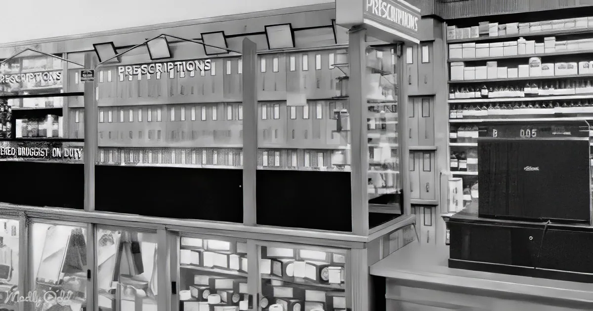 A vintage pharmacy with wooden shelves, labeled "Prescriptions," and various medicine bottles.