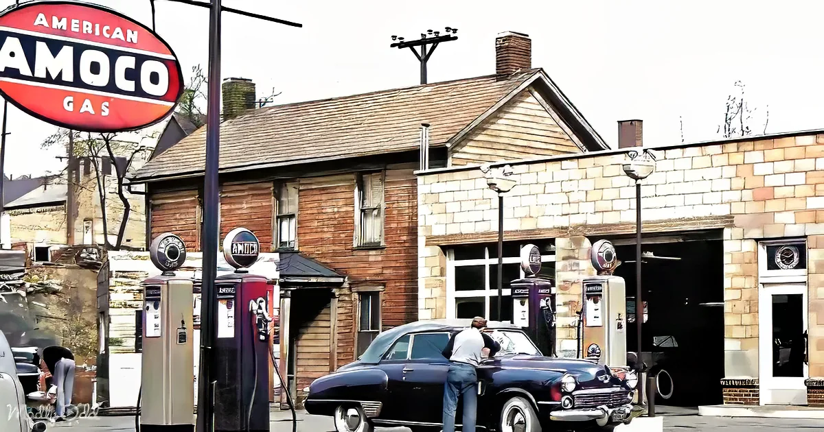 A vintage Amoco gas station with classic cars and pumps, featuring a man refueling a blue car.