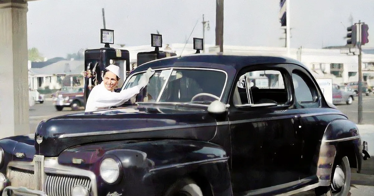 A Colorized Journey Back to 1940s America at the Gas Station