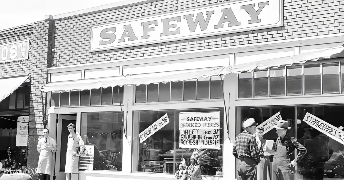 Safeway store front with people outside, vintage signs, and brick facade.