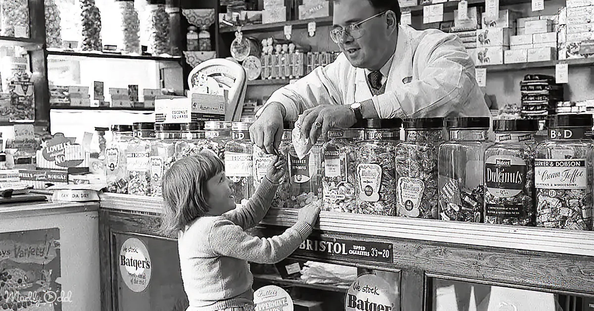 A child reaches for a jar of treats while a man in a white shirt assists in a vintage store setting.
