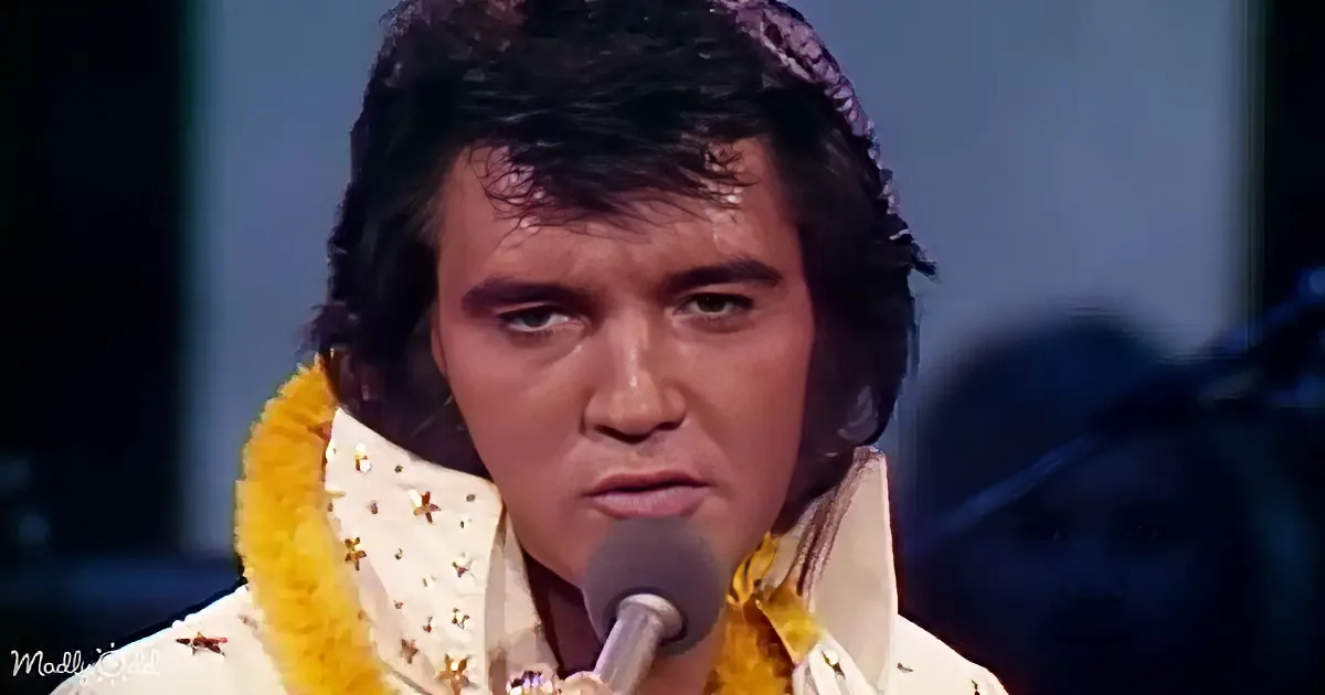 Elvis Presley in a white suit with gold stars, holding a microphone, wearing a yellow lei.