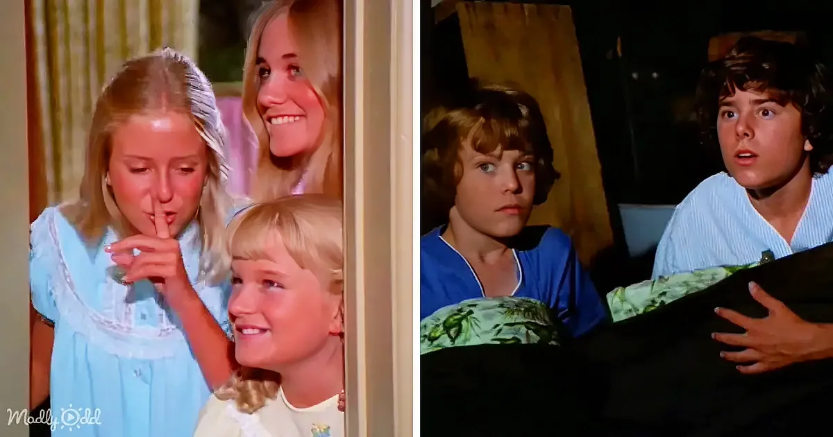Three children in pajamas, one holding finger to lips, another peeking, third in bed, looking surprised.