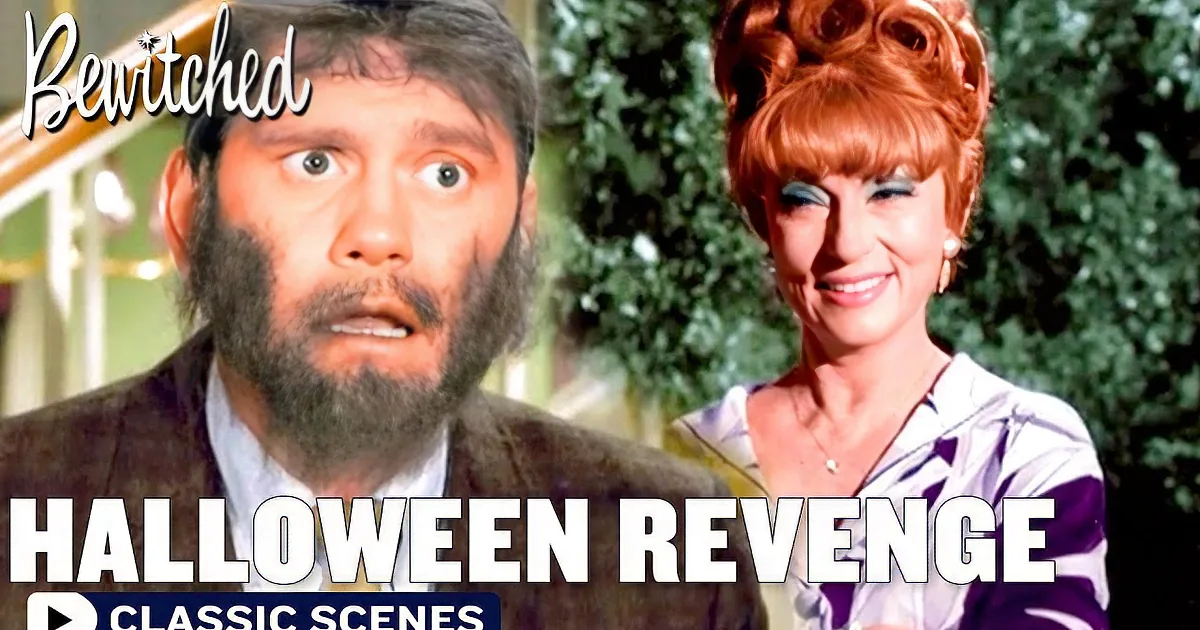 A woman in a purple patterned dress with her arms raised, and a man in a suit with a beard and tie looking surprised.