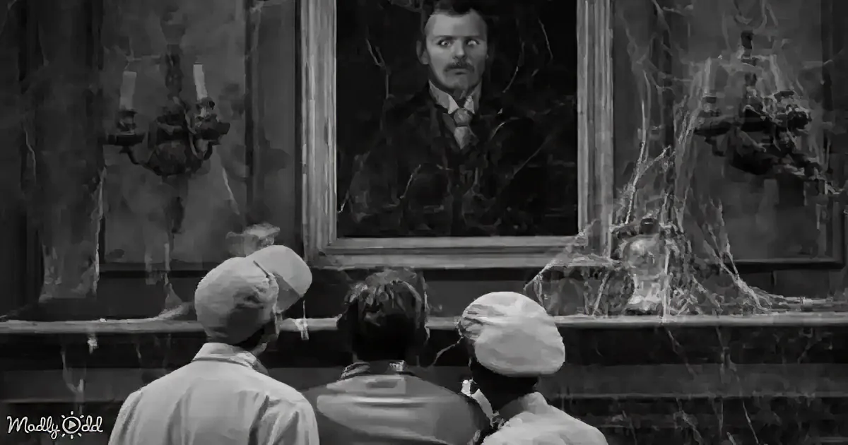 Three men in hats observe a portrait of a man with a mustache, surrounded by cobwebs and old-fashioned decor.