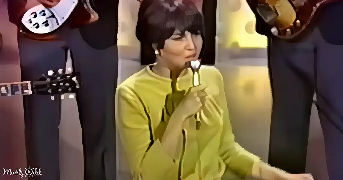 A person in a bright yellow jacket is sitting, holding a microphone, with two individuals standing behind them holding...