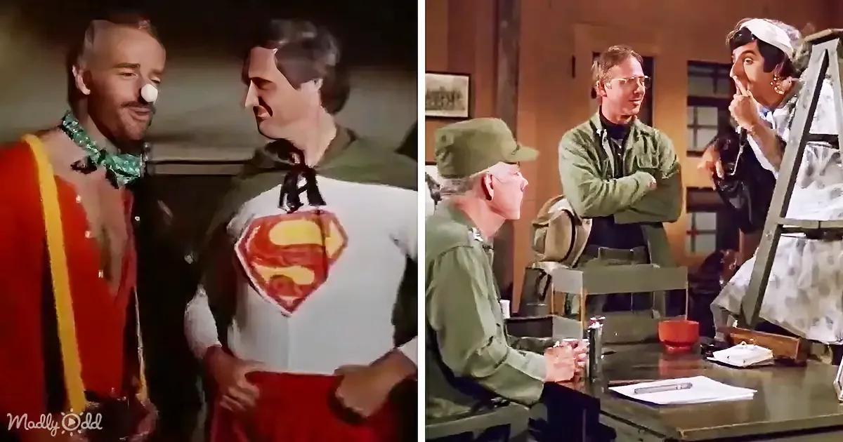 Superman and a man in a red outfit stand close, while another man in military attire and a woman in a dress observe in a...