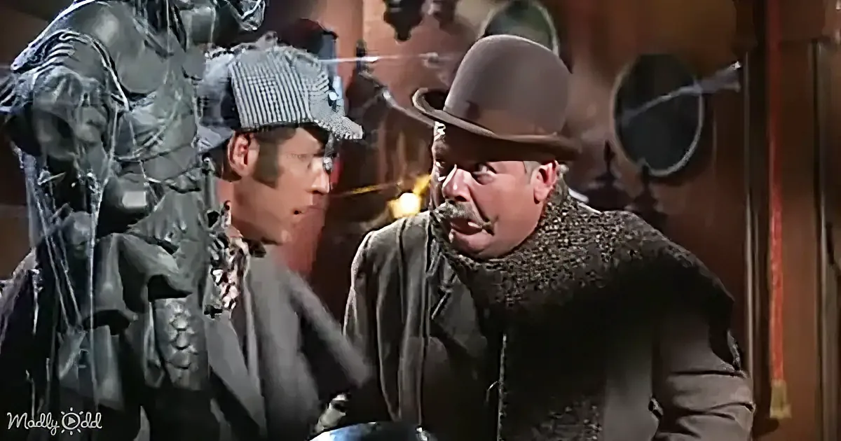 A man in a brown hat and coat is talking to another man in a checkered hat, with a third man in a dark suit and patterned...