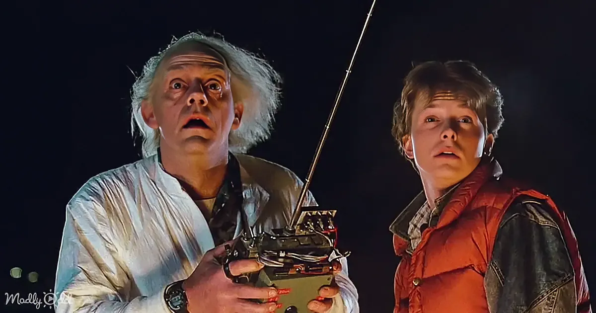 Doc Brown and Marty McFly, both surprised, hold a device with a antenna, against a dark background.