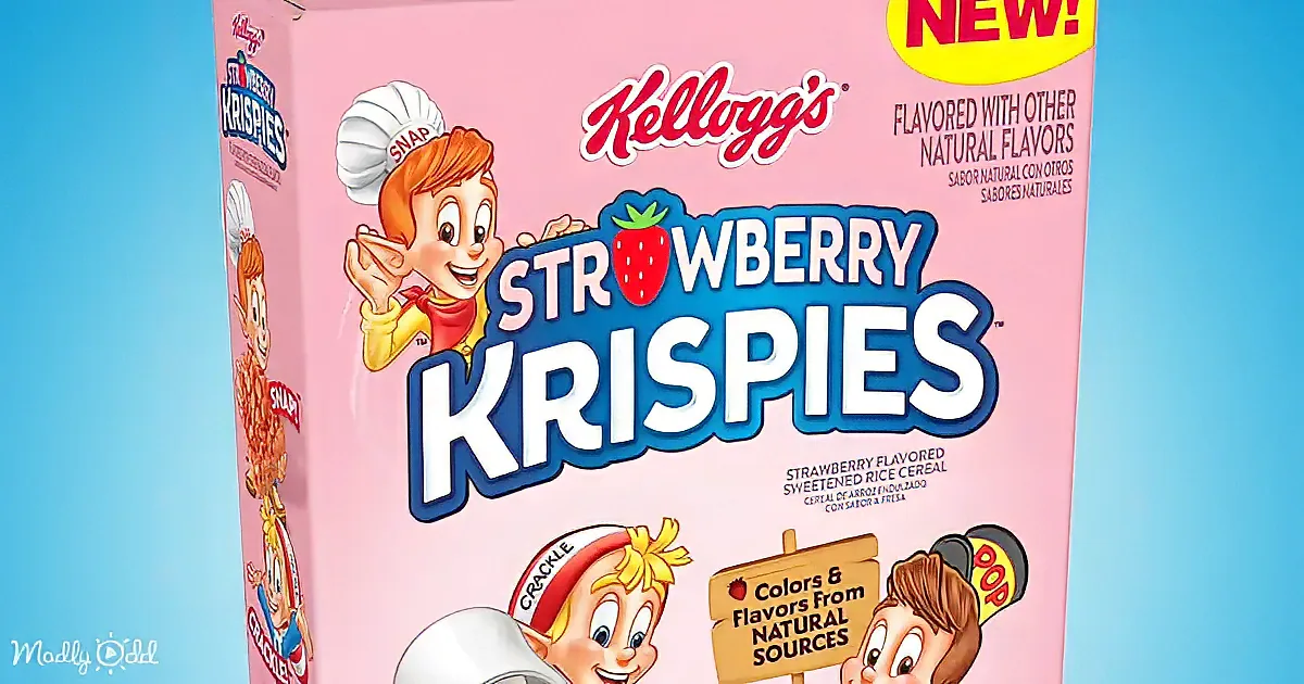 Kellogg's Strawberry Krispies cereal box with characters and "New!" tag, pink background.