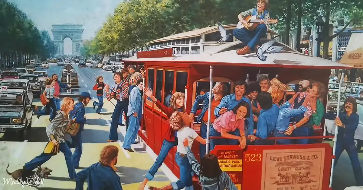 A vibrant trolley car filled with people, with a lively street scene and the Arc de Triomphe in the background.