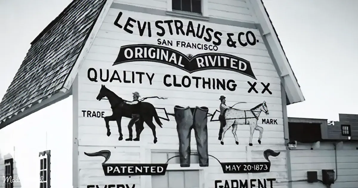 A vintage Levi's advertisement featuring a cowboy and a woman with a red tab on the jeans.