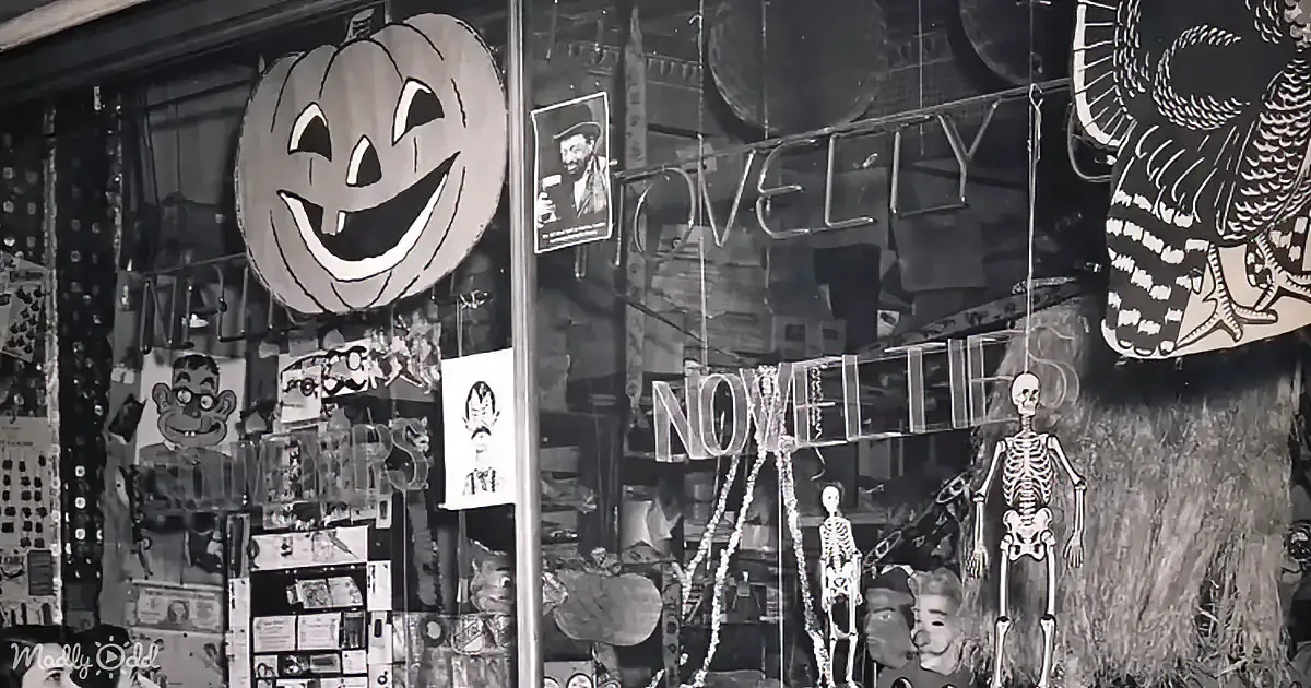 A spooky Halloween store display with a smiling pumpkin, skeleton, and various decorations.