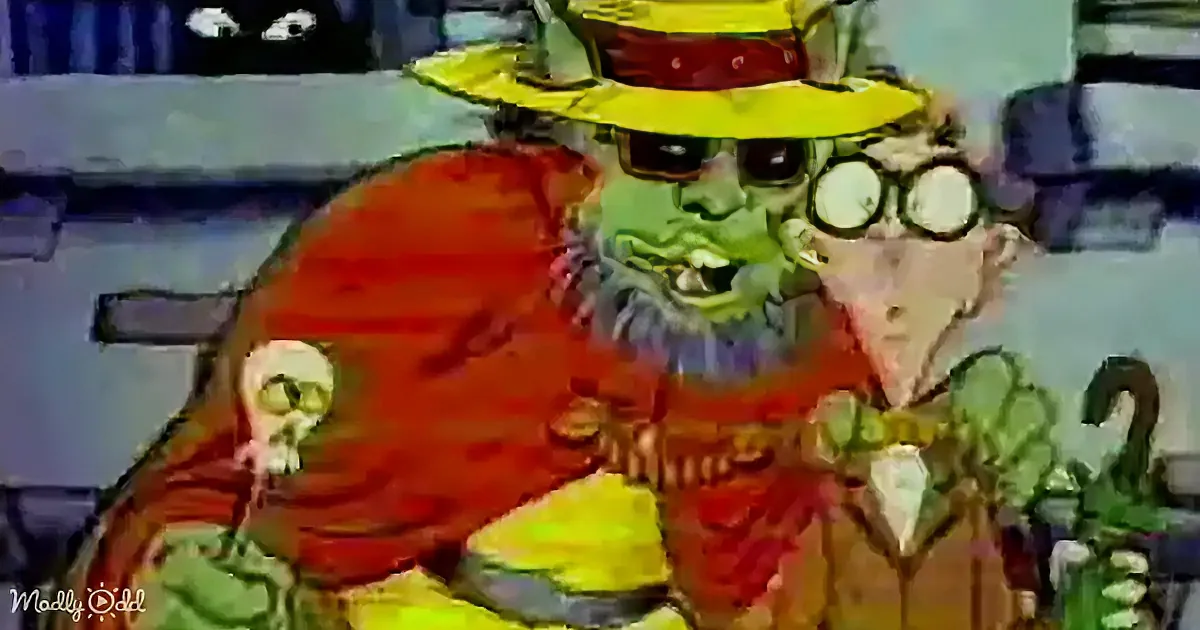 A colorful, cartoonish creature with a large head, glasses, and a hat, surrounded by greenery and a yellow vest.