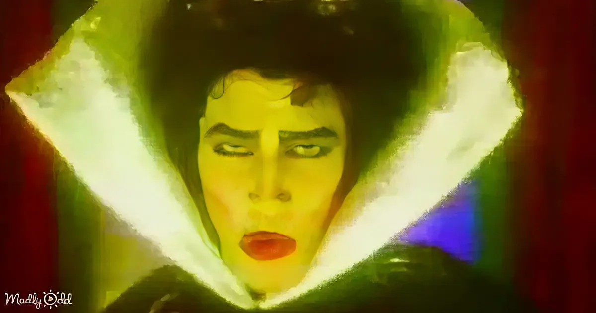 A person with a dramatic, exaggerated expression and a greenish hue, framed by a white, star-like border.