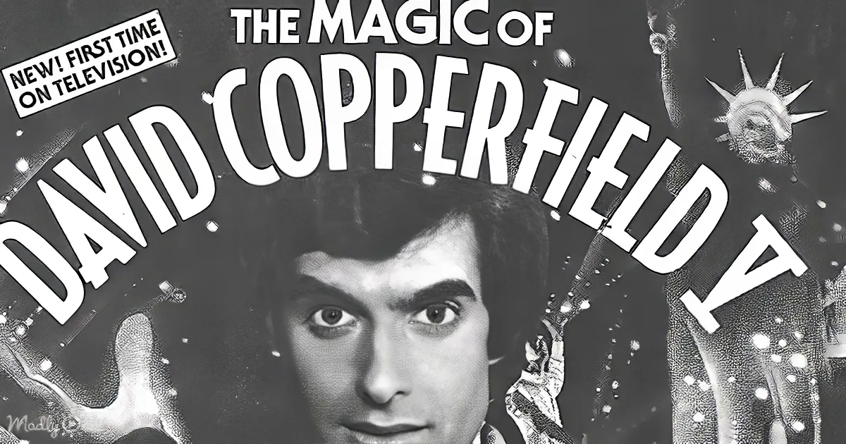 David Copperfield's face is prominently featured in a black-and-white advertisement for his magic show.
