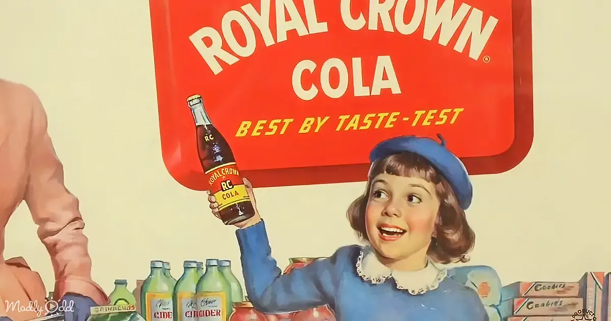 A girl in a blue beret holds a Royal Crown Cola bottle, smiling, with a sign behind her.