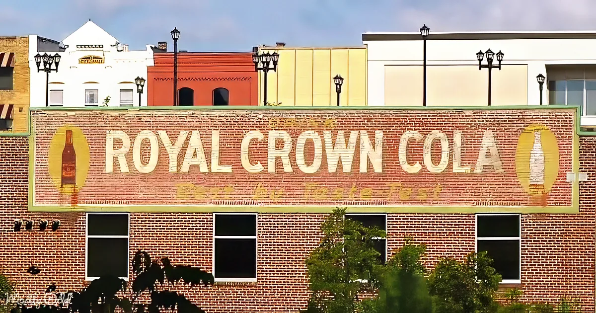 A vintage Royal Crown Cola sign on a brick building with colorful buildings in the background.