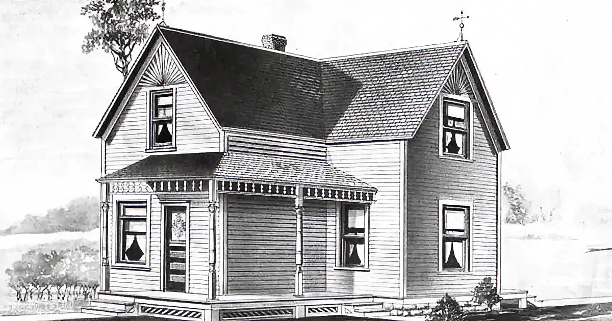 A detailed black-and-white drawing of a two-story house with a gabled roof, decorative trim, and multiple windows.