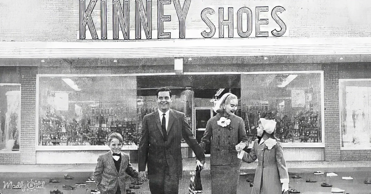 A family stands in front of a Kinney Shoes store, dressed in formal attire, with shoes scattered on the ground.