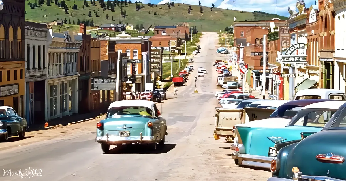 A vintage blue car drives down a bustling small-town street lined with classic cars and colorful storefronts.