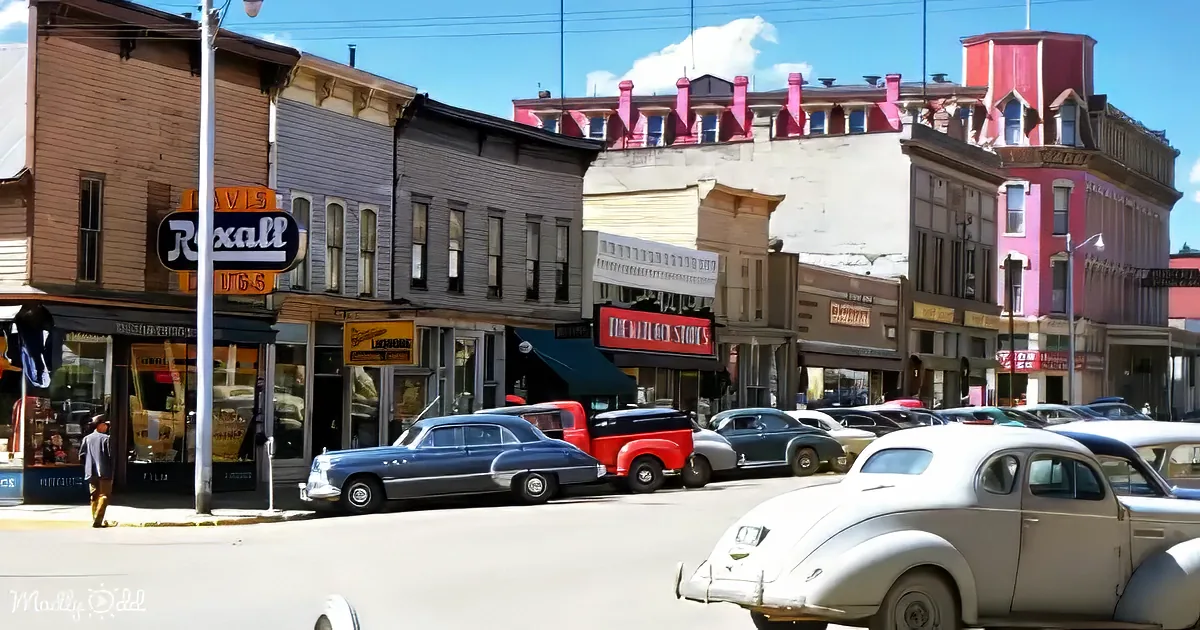 Vintage cars line a bustling street with colorful shops and a pink building in the background.