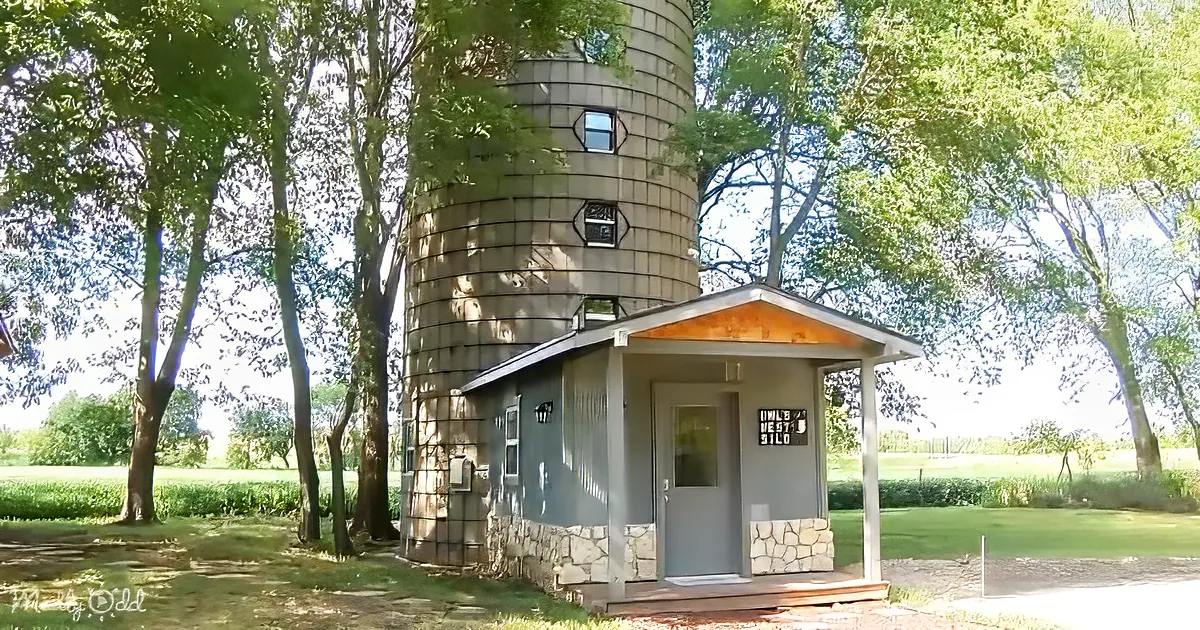 A tall, cylindrical building with small windows stands amidst lush green trees on a sunny day.
