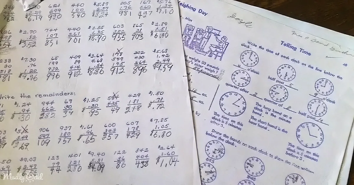 A math worksheet with division problems and a clock exercise is shown, focusing on telling time and remainders.