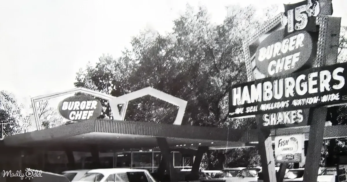 A vintage Burger Chef restaurant with a prominent sign advertising hamburgers and shakes.
