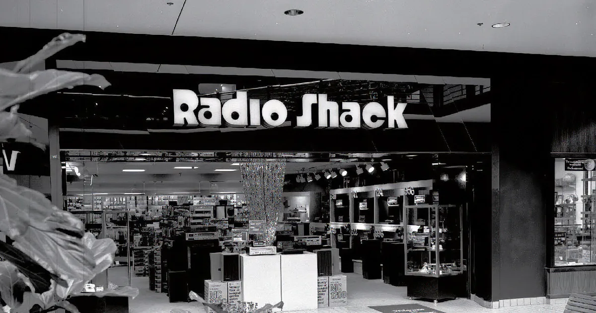 A Radio Shack store with various electronics and equipment displayed inside.