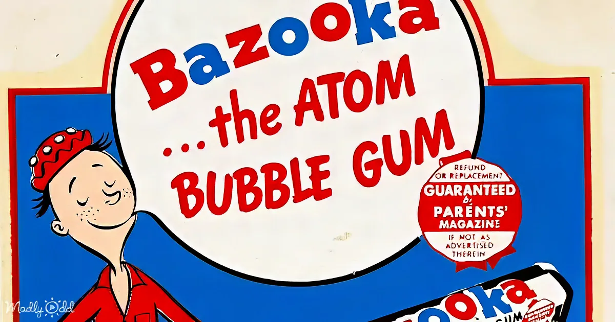 A vintage advertisement for Bazooka bubble gum featuring a smiling boy and a speech bubble.