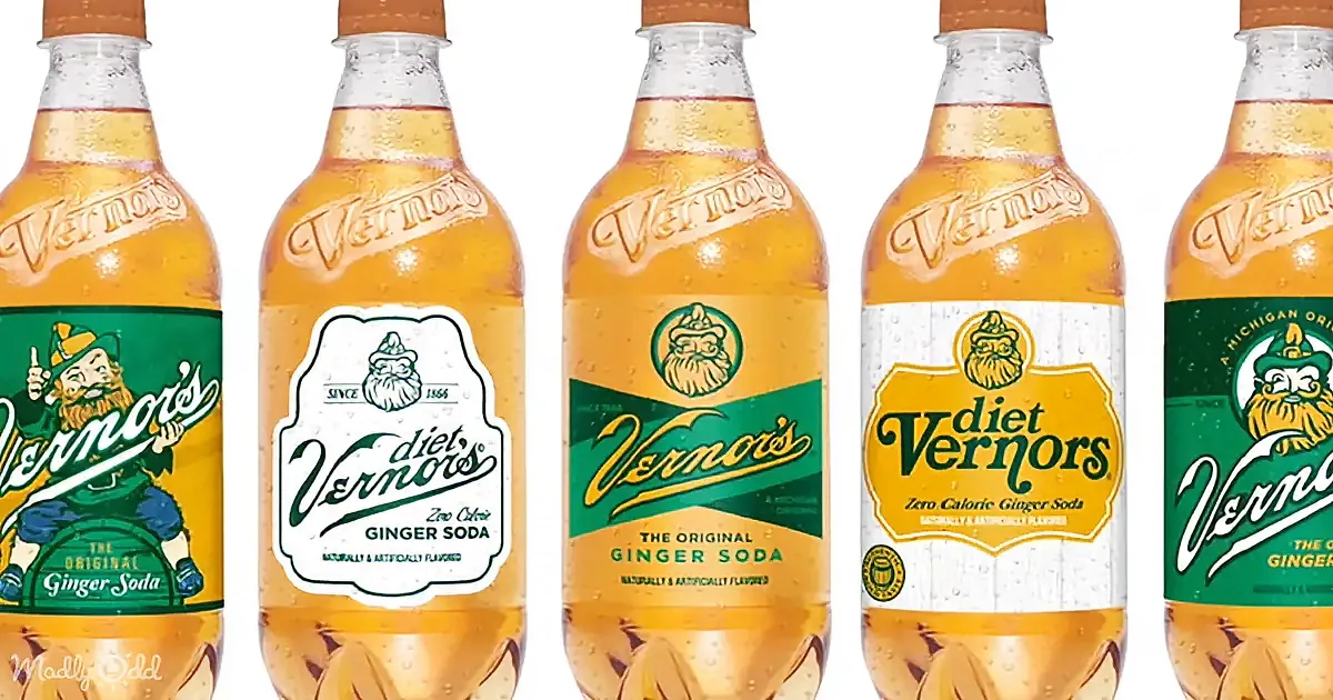 Five bottles of Vernor's ginger soda, including Diet Vernor's, displayed in a row.