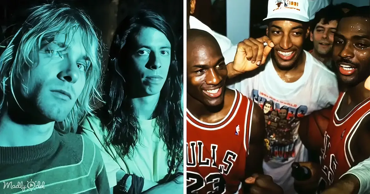 Two groups: one with two individuals in a dimly lit setting, and another with three basketball players in red jerseys...
