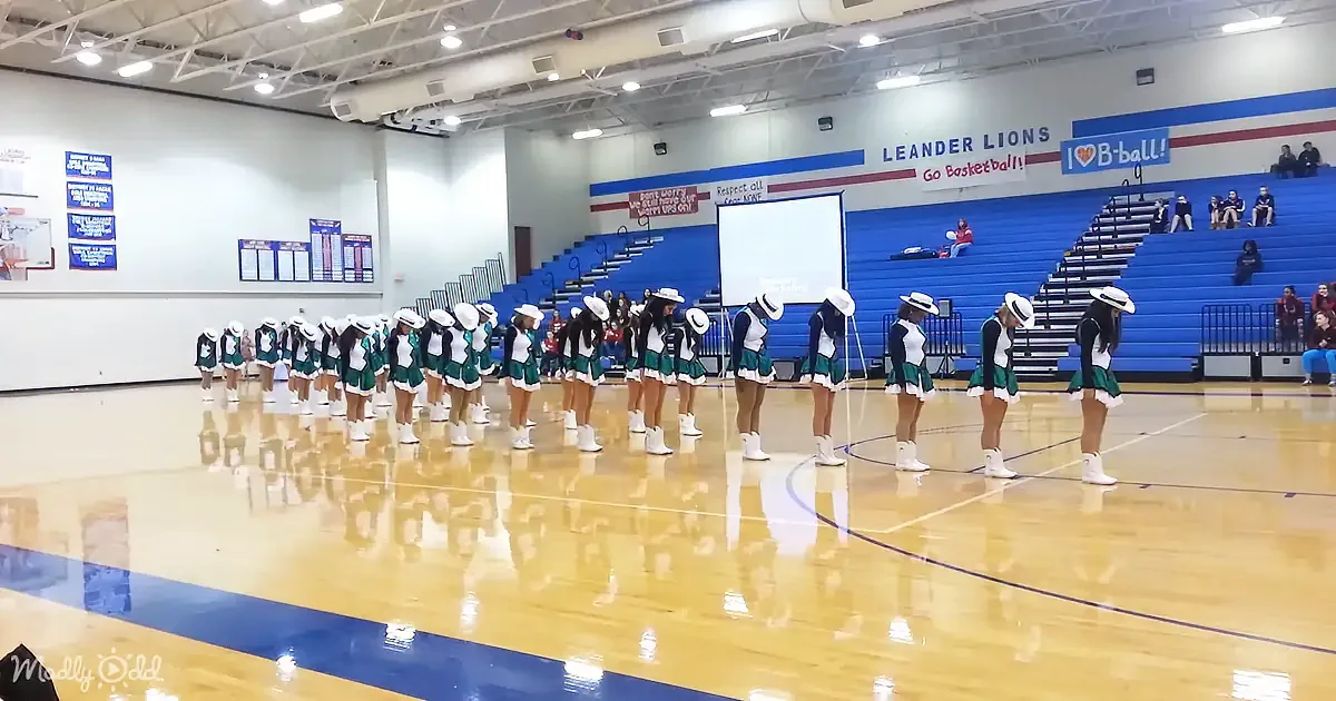 Cheerleaders in green and white uniforms stand in formation on a basketball court.