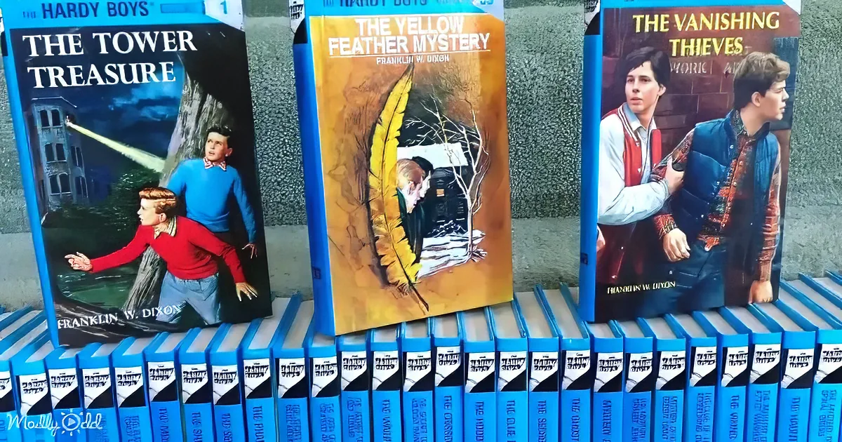 Hardy Boys mystery books lined up, featuring "The Tower Treasure," "The Yellow Feather Mystery," and "The Vanishing Thieves."
