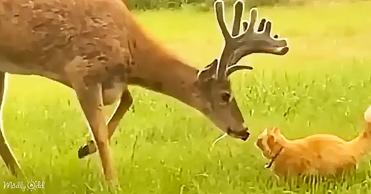 A deer with large antlers stands in a grassy field, facing a small dog.